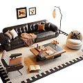 Stylish Leather Sofa And Coffee Table Set With Cozy Rug Floor Lamp Pillows And Armchair