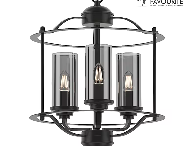 Modern Industrial Chandelier Featuring Black Metal Frame Three Glass Shades And Vintage Filament Bulbs 3d model