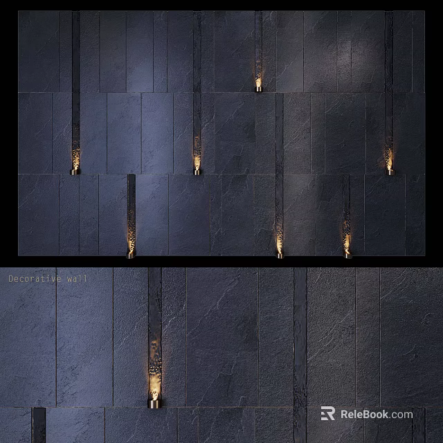 Dark Stone Wall Design With Vertically Arranged Wall Lamps And Warm Lighting 3d model