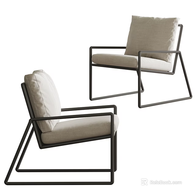 Pair of Modern Armchairs With Sleek Black Metal Frame And Beige Fabric 3d model 