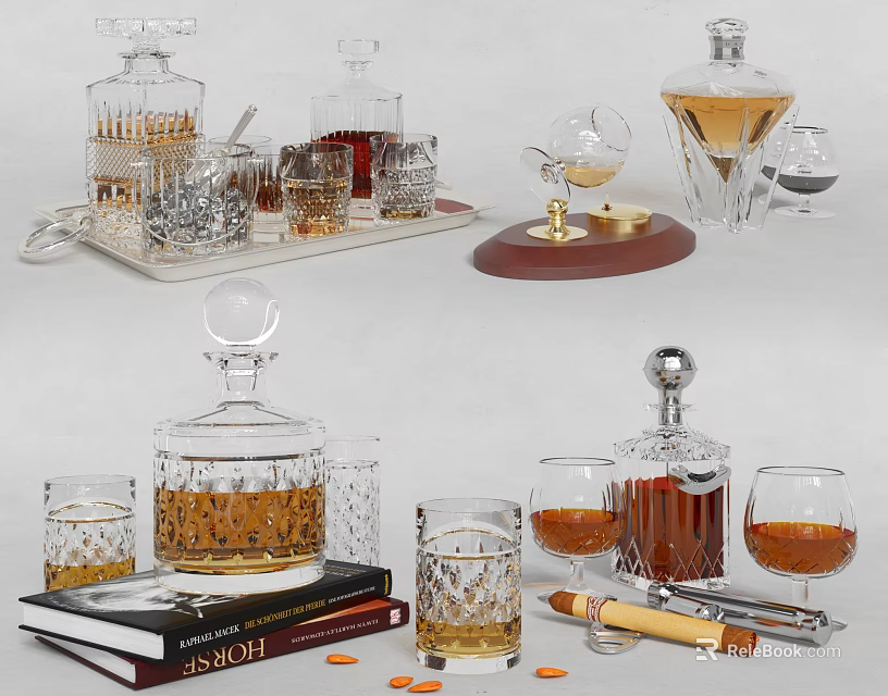 Gourmet Cheese And Nut Snacks With Crystal Whiskey Glasses On Wooden Tray 3d model 