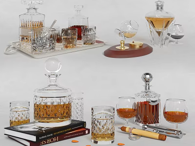 Gourmet Cheese And Nut Snacks With Crystal Whiskey Glasses On Wooden Tray 3d model