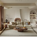 Modern Living And Dining Room Interior With Beige Sofa Wooden Coffee Table Fireplace And Bookshelf
