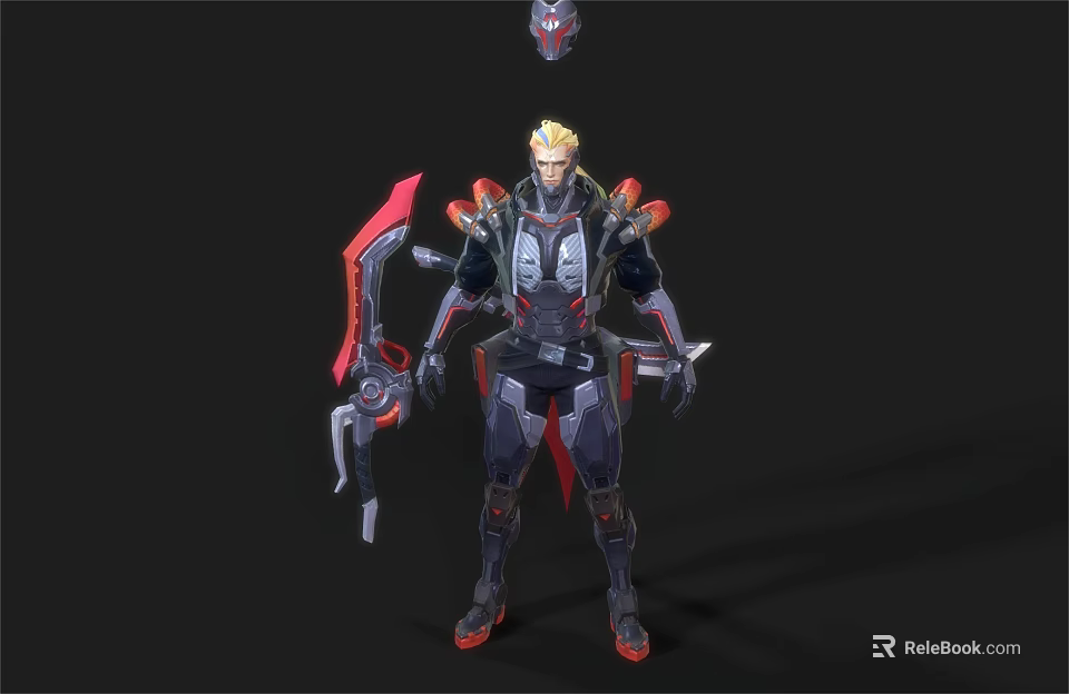 Golden Haired Sci Fi Warrior In Futuristic Armor With Red Weapon And Helmet 3d model 