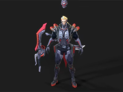 Golden Haired Sci Fi Warrior In Futuristic Armor With Red Weapon And Helmet 3d model