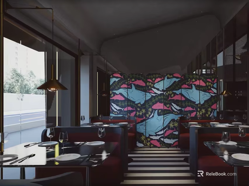 Stylish Restaurant Interior With Colorful Patterned Wall Red Seating And Striped Flooring 3d model 