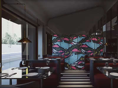 Stylish Restaurant Interior With Colorful Patterned Wall Red Seating And Striped Flooring 3d model