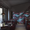 Stylish Restaurant Interior With Colorful Patterned Wall Red Seating And Striped Flooring