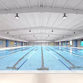 Spacious Indoor Swimming Pool Featuring Clear Blue Water Marked Lanes Ceiling Lights And Blue Walls