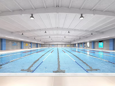 Spacious Indoor Swimming Pool Featuring Clear Blue Water Marked Lanes Ceiling Lights And Blue Walls 3d model