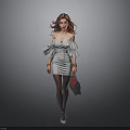 Woman in off-shoulder gray dress with ruffle details wearing stockings holding handbag against gray background