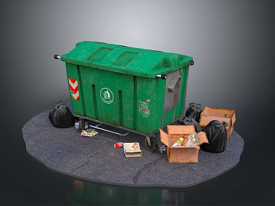 Green Trash Bin With Black Garbage Bags And Open Cardboard Boxes On Ground 3d model