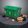 Green Trash Bin With Black Garbage Bags And Open Cardboard Boxes On Ground