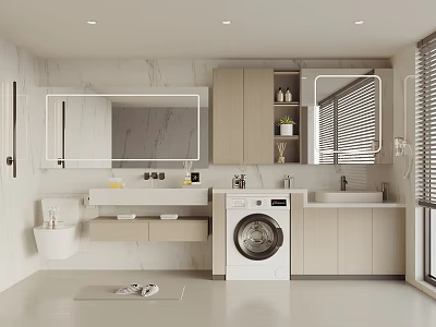 Modern Bathroom With Washbasin White Marble Walls Light Wood Cabinets Large Mirror And Washing Machine 3d model