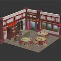 Traditional Chinese Restaurant Interior With Red Lanterns Round Tables And Baoji Chicken Sign