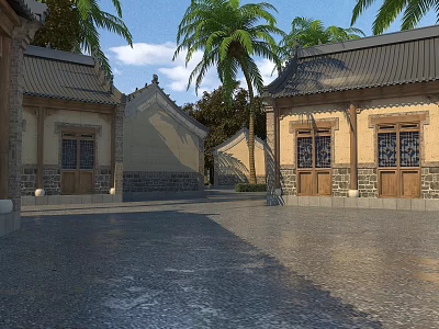 Ancient Chinese Architecture Courtyard View With Traditional Roof Wooden Doors and Palm Trees 3d model