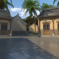 Ancient Chinese Architecture Courtyard View With Traditional Roof Wooden Doors and Palm Trees