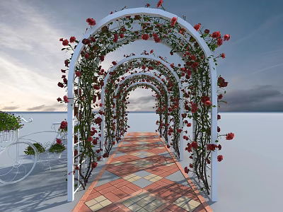 White Arched Trellis Covered With Red Rose Flowers And Colorful Brick Path In Garden 3d model