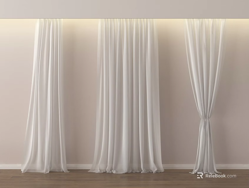 Soft White Floor Length Curtains With Lightweight Fabric In Modern Interior And Wooden Floor 3d model 