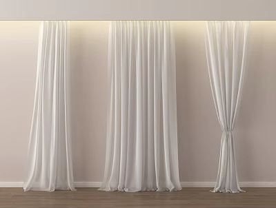 Soft White Floor Length Curtains With Lightweight Fabric In Modern Interior And Wooden Floor 3d model