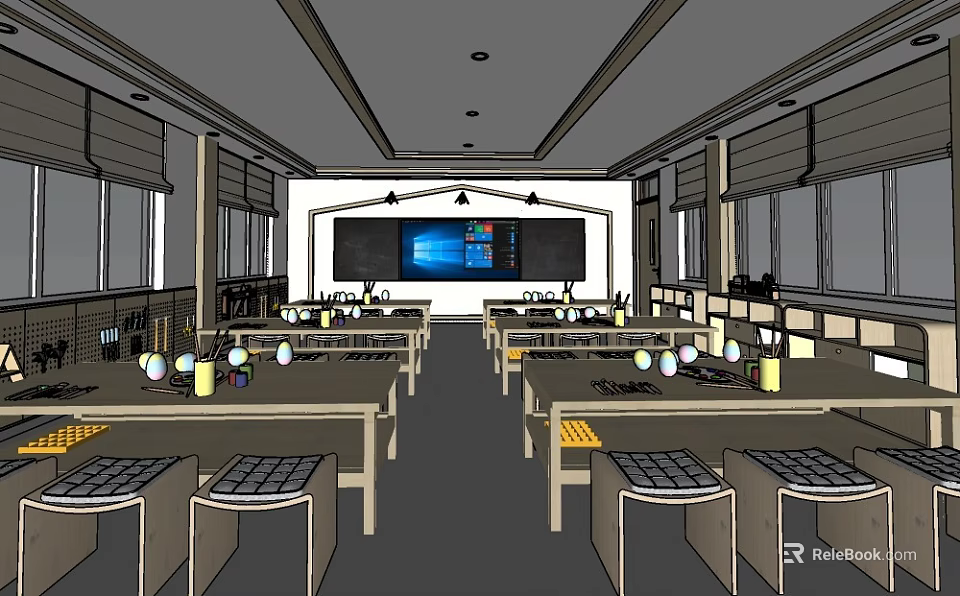 Spacious School Classroom with Desks Chairs and Large Interactive Screen for Effective Learning 3d model 