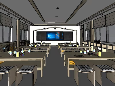 Spacious School Classroom with Desks Chairs and Large Interactive Screen for Effective Learning 3d model