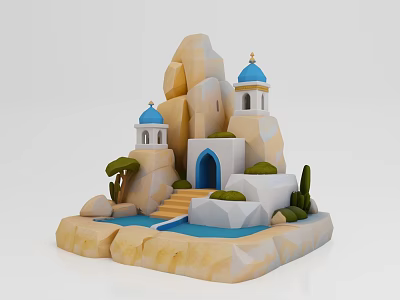 Rockery Stones Featuring Blue Dome Buildings Pool Steps And Cacti 3d model
