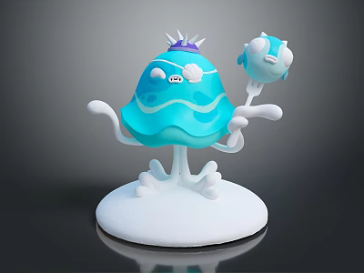 Blue Crown Character With Cloud Decorations Holding Small Creature On Fork White Base 3d model