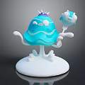 Blue Crown Character With Cloud Decorations Holding Small Creature On Fork White Base