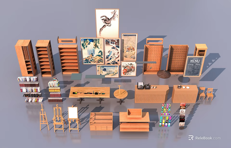 Functional Wooden Desks With Various Designs Display Shelves And Storage Solutions 3d model