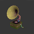 Vintage Gramophone Featuring Yellow Decorative Horn Wooden Base And Black Record With Red Center