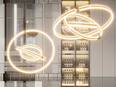 Modern Illuminated Ring Chandelier in Contemporary Interior With Glass Walls And Cabinets 3d model