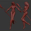 Female Action Figures With Blonde Hair Blue Suit Red Accessories Golden Staff Front Back Views