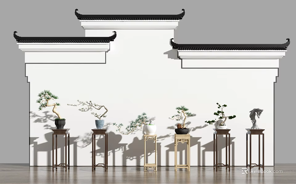 Traditional Chinese Plant Stands With Bonsai Trees Against Eaves White Walls And Wooden Floor 3d model 