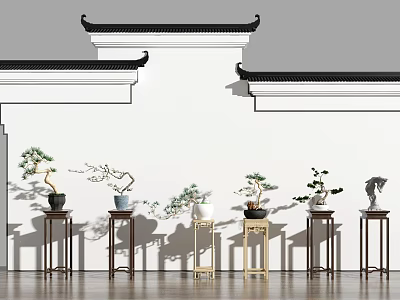 Traditional Chinese Plant Stands With Bonsai Trees Against Eaves White Walls And Wooden Floor 3d model