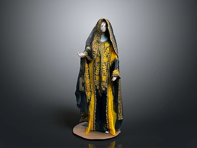 Traditional Woman Figure In Yellow Black Embroidered Robe With Headscarf 3d model