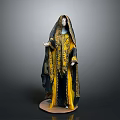 Traditional Woman Figure In Yellow Black Embroidered Robe With Headscarf