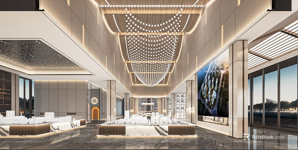 Modern Luxury Sales Office Interior Design Featuring Chandelier Marble Floor And Large Screen 3d model 