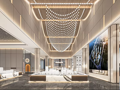 Modern Luxury Sales Office Interior Design Featuring Chandelier Marble Floor And Large Screen 3d model