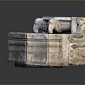 Traditional Stone Garden Fountain Ornament With Hexagonal Basin Animal Head Spouts And Small Plant