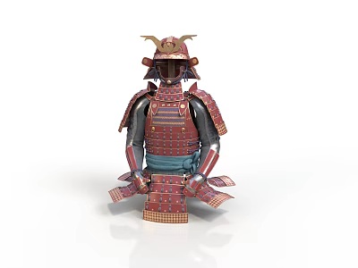 Traditional Japanese Samurai Weapon with Red Armor and Decorative Helmet Design 3d model