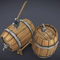 Wooden Storage Barrels With Axe Faucet And Metal Bands For Home Use