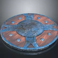 Rustic Medieval Decorative Shield With Metal Frame Wooden Base Ornate Rivets And Engraved Patterns