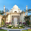 Elegant Garden with White Dome Structure Arches Central Fountain Trimmed Green Plants and Purple Flowers