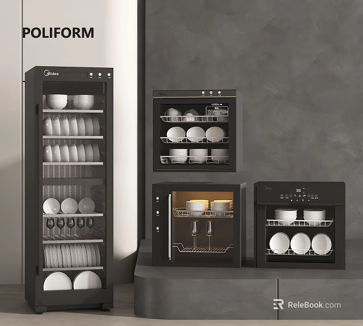 Modern Kitchen Appliances Black Sterilizer Cabinets With Bowls Plates And Cups 3d model 