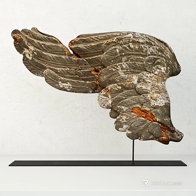 Detailed Carved Wing Sculpture In Stone With Weathered Texture And Black Stand 3d model 