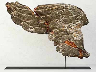Detailed Carved Wing Sculpture In Stone With Weathered Texture And Black Stand 3d model