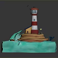 3D Lighthouse Scene With Red White Tower Small House Sandy Beach And Waves