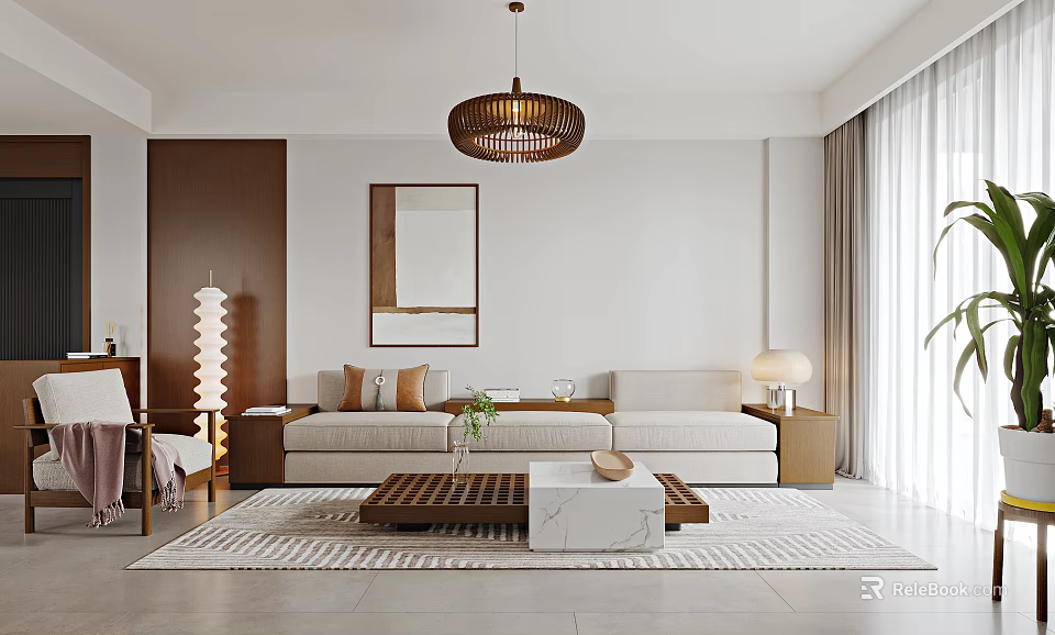 Modern Living and Dining Room Interior With Beige Sofa Wooden Coffee Table And Pendant Light 3d model 