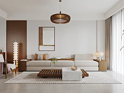Modern Living and Dining Room Interior With Beige Sofa Wooden Coffee Table And Pendant Light 3d model